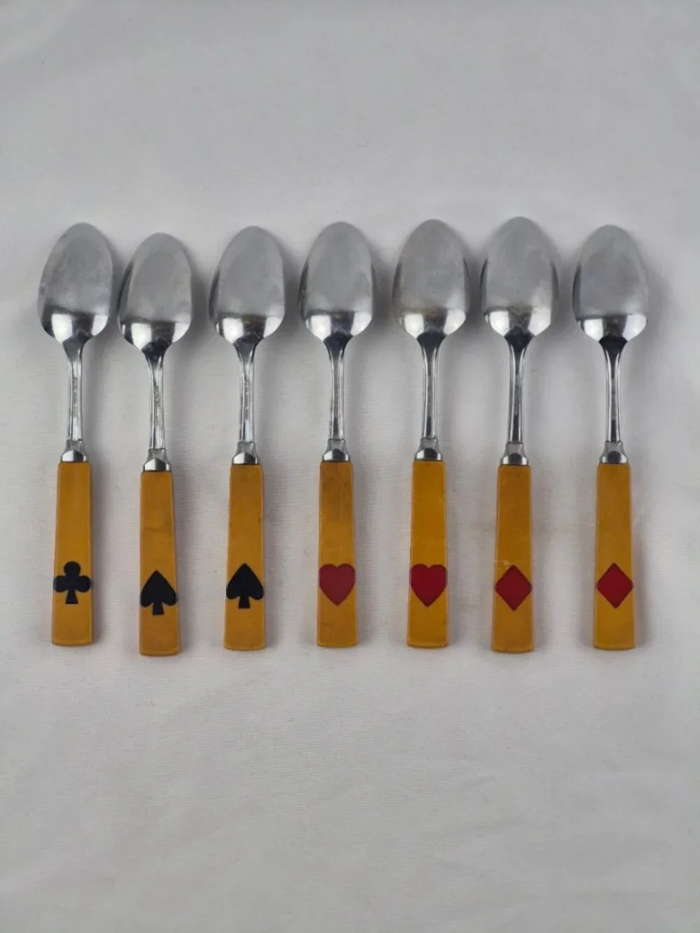 Art Deco Bakelite Flatware Inlaid Playing Card Suits 3 forks, 7 knives 7 spoons